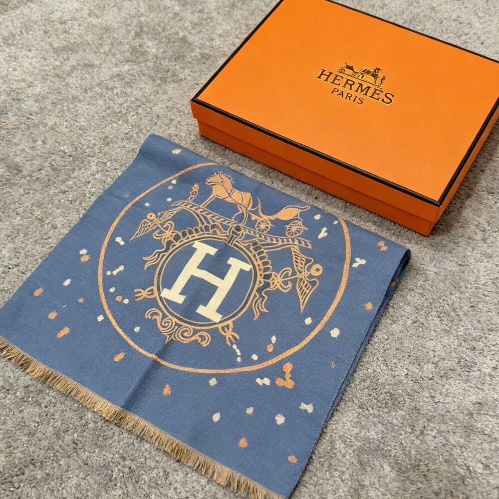Hermès Blue Gold-Tone H Medallion Scarf